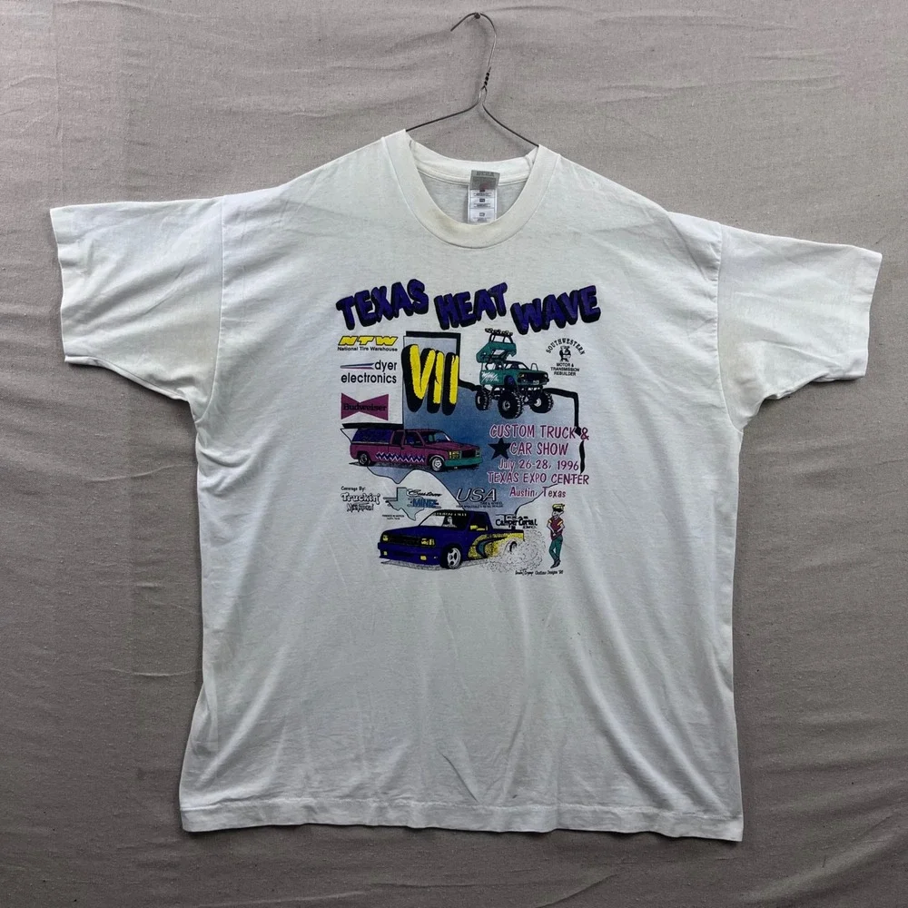 Fruit of the Loom Texas Heat‎ Wave T Shirt Mens XXL White 1996 Car Show Graphic